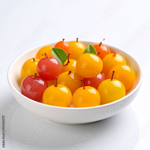 a collection of small, spherical fruits is presented in a white bowl against a white background