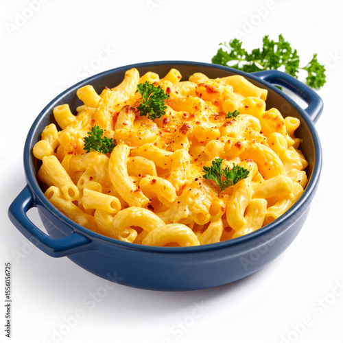 a close up shot showcases a dish filled with a pasta. the pasta, coated in a creamy sauce, is arranged in a round blue baking dish. scattered on top are bits of something dark and green sprigs