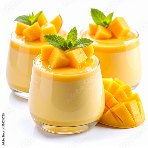 three servings of a chilled fruit dessert are presented in small, clear glasses on a white surface