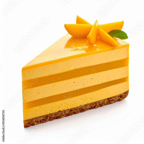 the image shows a triangular slice of dessert set against a plain background. the cake is comprised of four light colored layers separated by thin bands of jelly, atop a crumbly base