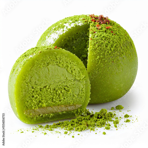 a vibrant confection rests on a plain background, its color a striking shade of green. the treat, spherical in shape, has a portion removed, revealing a smooth filling within