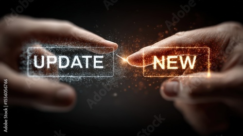 Hands Reaching to Connect Update Button with New Button in Darkness