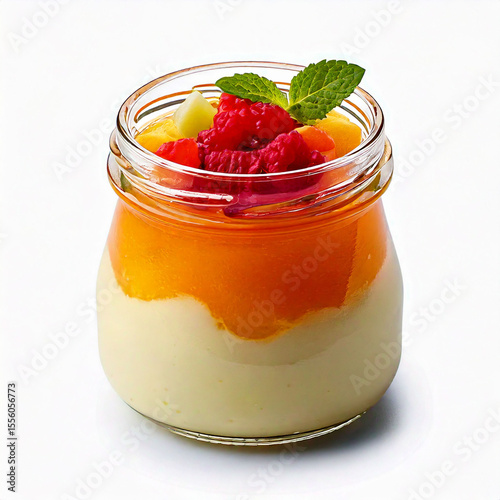 a dessert is presented in a glass container, featuring distinct layers of color and texture. the bottom layer appears to be a smooth, light cream, topped with a vibrant orange gel or sauce