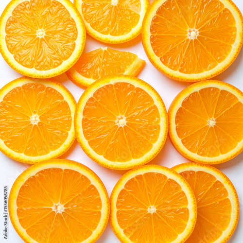 the image shows several slices of a citrus fruit arranged closely together on a white surface. most slices are cut in half, displaying the inner segments and circular shape with light colored skin