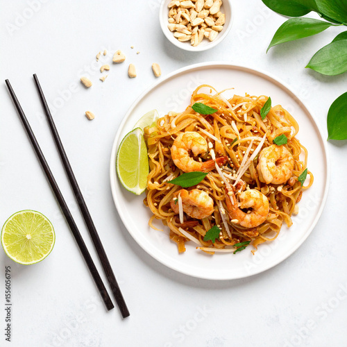the image showcases a plate of prepared noodles on a white surface. the dish includes stir fried rice noodles with several pieces of cooked seafood and fresh sprouts, Pad Thai noodles with shrimp