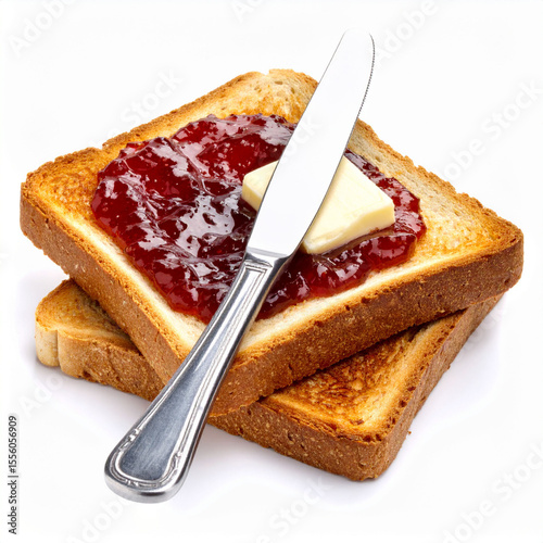 two slices of toast are stacked on top of one another and covered with a bright red fruit spread and a pat of yellow butter. a silver knife is resting diagonally across the top slice