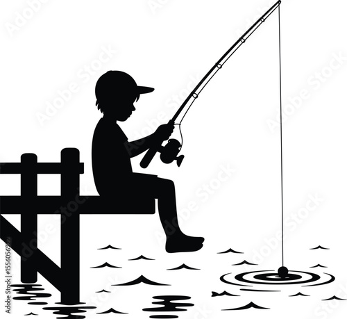 Silhouette of boy fishing on dock, peaceful nature scene, childhood memory, outdoor activity, lake life, fishing rod, summer relaxation