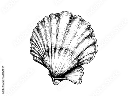 Seashell in retro hand-drawn style, black ocean sketch art, vintage marine decor, antique beach illustration, shoreline theme, summer sea element, engraved nature line art
