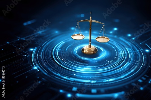 AI Ethical Governance Concepts. A golden balance scale hovers above a glowing blue circuit board, symbolizing justice and technology integration.