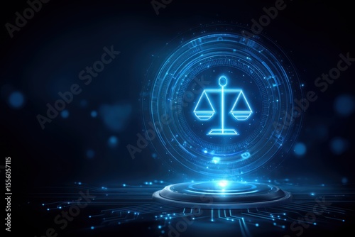 AI Ethical Governance Concepts. A futuristic digital scale of justice hologram glows in blue, symbolizing law, balance, and fairness in a high-tech virtual environment.