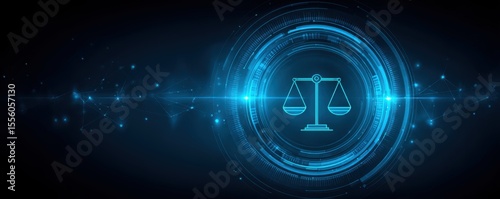 AI Ethical Governance Concepts. Digital blue scales of justice icon surrounded by futuristic circular interface elements on a dark background with glowing network connections.