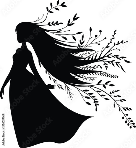 Silhouette of woman with floral hair, nature goddess, elegance, beauty, fantasy female figure, artistic design, black and white illustration