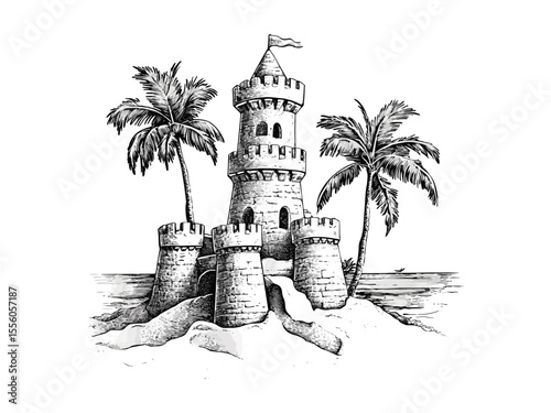 Retro beach vacation sketch, engraved summer motif, vintage tropical childhood scene, hand-drawn sandcastle, black line art, stylish coastal decor, seaside engraving, old-style illustration