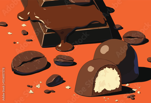 Vector illustration of delicious chocolate bars, coffee beans, and sweet desserts in rich brown and white tones. Perfect for cafes, gourmet food designs, dessert menus, and sweet treat promotions.

