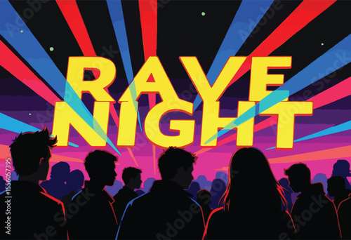 Vector illustration of a vibrant neon sign glowing at night with music concert and party crowd silhouettes. Perfect for entertainment events, celebrations, business promotions, and nightlife designs.
