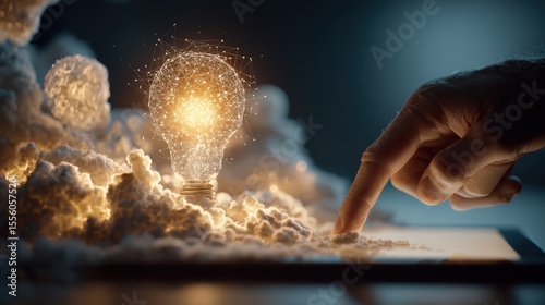 Hand Reaching for Glowing Light Bulb Above Soft Cloud Formation