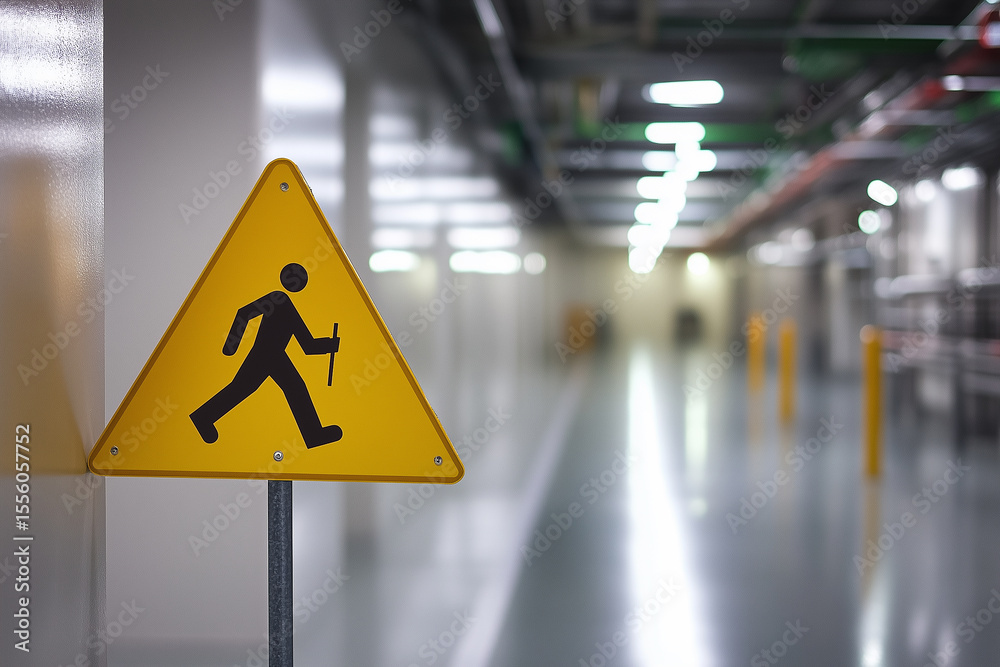Obraz premium Yellow caution sign with an arrow symbol on an airport terminal way for pedestrian traffic direction and warning of danger