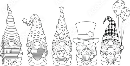 Patriotic gnomes in black and white with stars stripes and balloons for coloring page or decoration