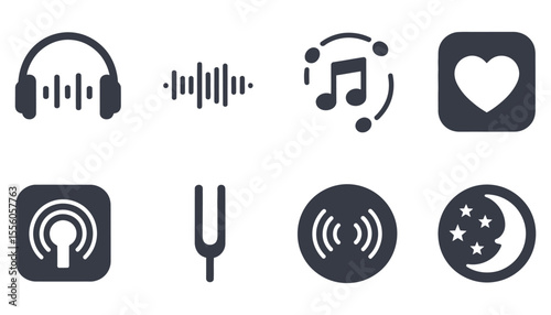 A vector set of music and audio icons, featuring symbols for sound, internet, and wireless communication design