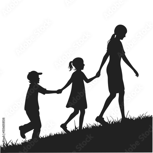 Silhouette Family: Mother, Daughter, Son Walking Up Hill