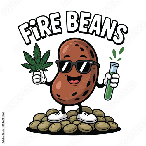 Fun cartoon illustration of fire beans character with cannabis and laboratory equipment
