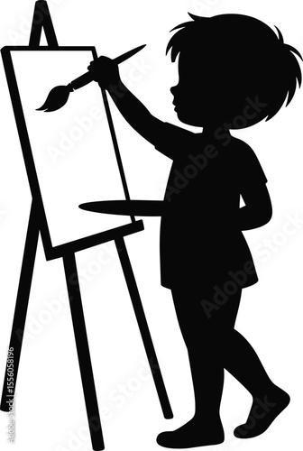 Silhouette of young child painting on canvas, art creativity, learning, imagination, childhood activity, black vector isolated illustration