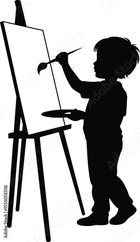 Silhouette of child painting on canvas, learning creativity, kids art, early education, drawing activity, black vector illustration isolated