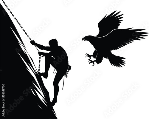 Silhouette of man rock climbing, facing eagle attack, courage, danger, adventure, wildlife, survival, mountain challenge, vector art design