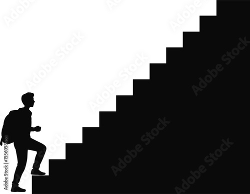 Silhouette of man climbing stairs, success concept, motivation, growth, progress, career path, ambition, black and white vector art