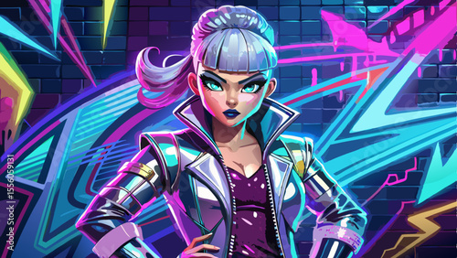 close up  doll in bold fashion—metallic jacket, platform heels, and fierce makeup—poses on a graffiti wall backdrop. Neon lights cast reflections on her glossy outfit. With confident expression and 