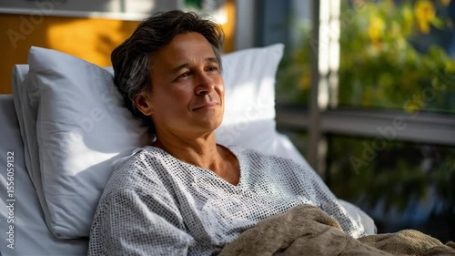 Man resting peaceful in hospital bed with eyes closed and sunlight on face relaxed expression