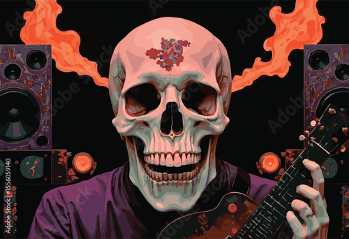 Vector illustration of a female guitarist playing electric and bass guitars at a rock concert. Perfect for musician, band, heavy metal, music performance, and entertainment event designs.

