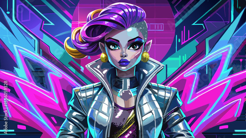 close up  doll in bold fashion—metallic jacket, platform heels, and fierce makeup—poses on a graffiti wall backdrop. Neon lights cast reflections on her glossy outfit. With confident expression and 