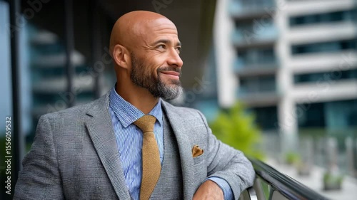 Smiling businessman with beard gray suit and tie standing confidently outdoors near modern building