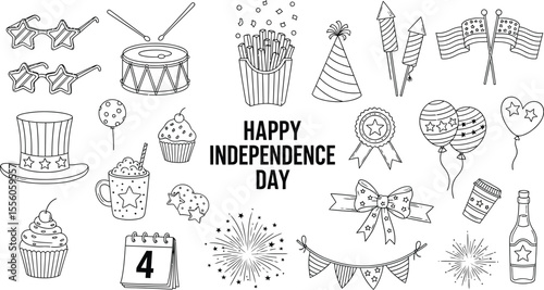 Happy independence day themed doodle collection with patriotic elements and festive decorations