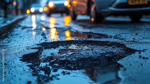 Fototapeta Naklejka Na Ścianę i Meble -  Pothole in wet city street at night