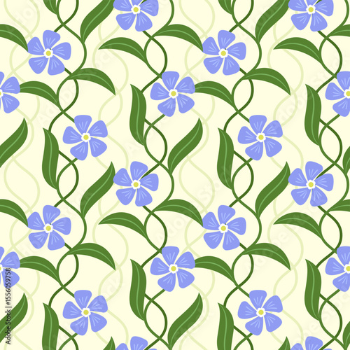 Delicate seamless vector pattern featuring purple periwinkle flowers with twisting green vines and leaves, buttermilk yellow background. For spring designs, textiles, packaging, elegant decor themes