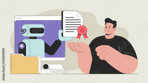 robot giving certified document to a user, vector illustration for legal tech, ai document generation bot and digital contract automation