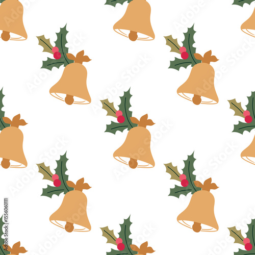 Christmas bell vetor seamless pattern. New Year ornament with hand drawn bells, wreathes for wrapping, scrapbook paper, textile design