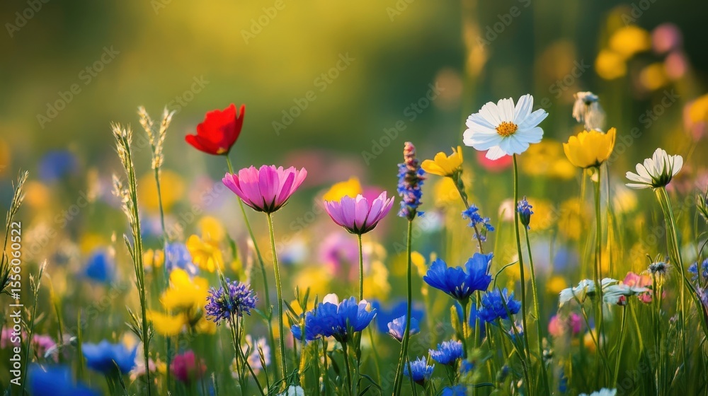 Fototapeta premium Colorful wildflowers bloom brightly in a sunlit meadow during daytime