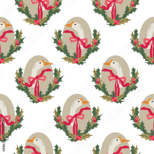 Christmas festive geese vector seamess pattern. Hand drawn cute poultry with new year wreathes and bows for wrapping, textile, scrapbooking paper. 