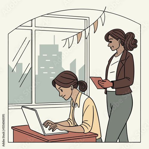 Latin hispanic young business woman working on laptop computer at office desk with city view. Indian entrepreneur manager businesswoman using pc for work, learning at workplace. Banner, copy space vec
