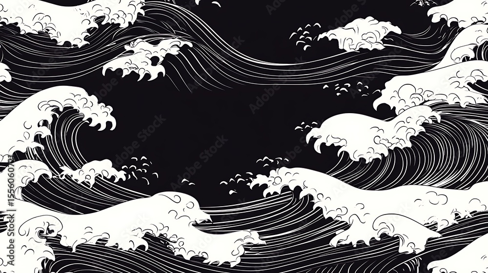 Japanese style wave pattern black and white art ocean water crests nautical theme asian inspired design Japanese style wave pattern black and white art ocean water crests nautical theme asian inspired design