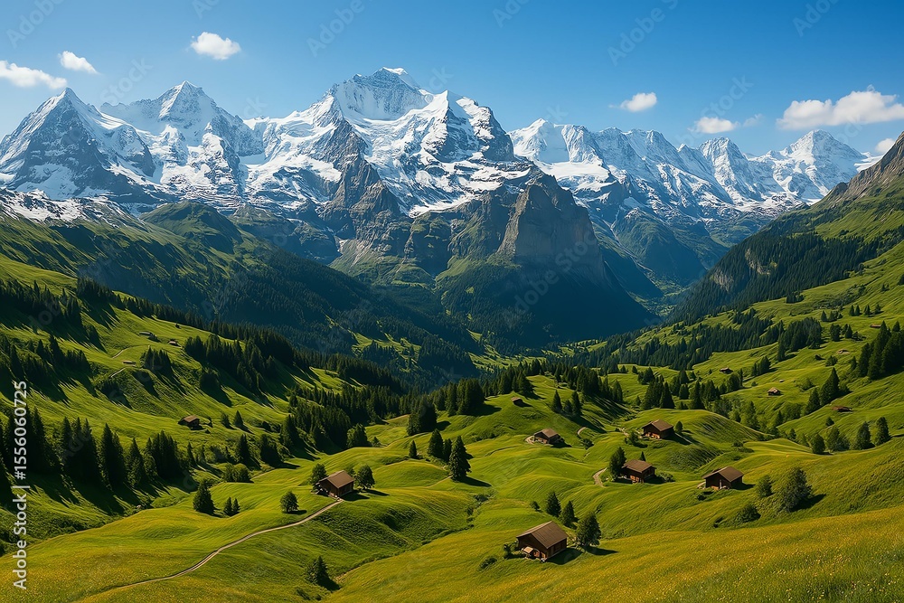 Obraz premium Scenic Swiss Alps with snowy peaks, lush green valleys, and rustic wooden chalets under a clear blue sky. A breathtaking travel destination perfect for nature lovers seeking serenity and alpine advent