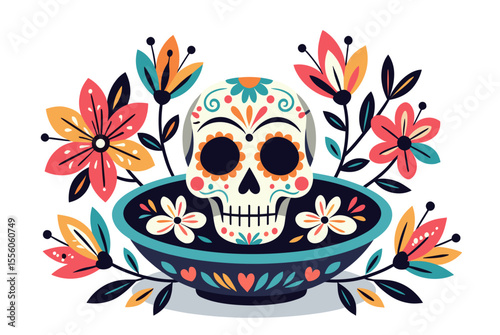 Colorful Day of the Dead Skull with Floral Decorations in a Bowl Illustration