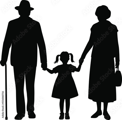 Silhouette of grandparents and granddaughter holding hands, family love concept, generational bond, senior care support, black white illustration