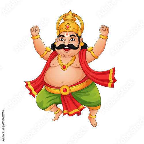 King Mahabali jumping with joy and raised arms, expressing happiness during the Onam festival celebration. Vector Illustration