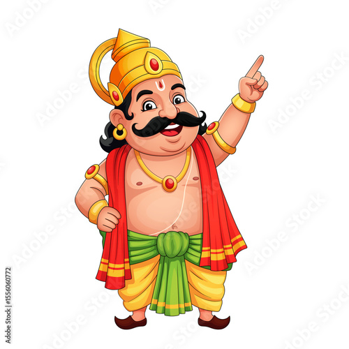 2D Cartoon of King Mahabali in traditional attire pointing upwards with a confident and happy expression