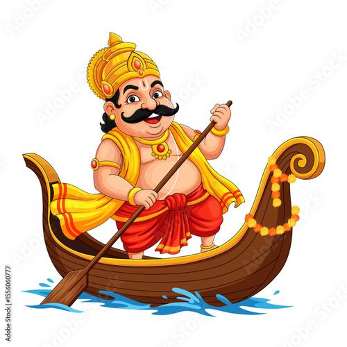A colorful cartoon illustration of King Mahabali rowing a traditional Kerala boat, symbolizing the Onam festival celebration