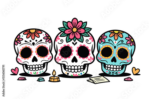 Colorful Sugar Skulls with Floral Decorations and Candle for Day of the Dead Illustration
